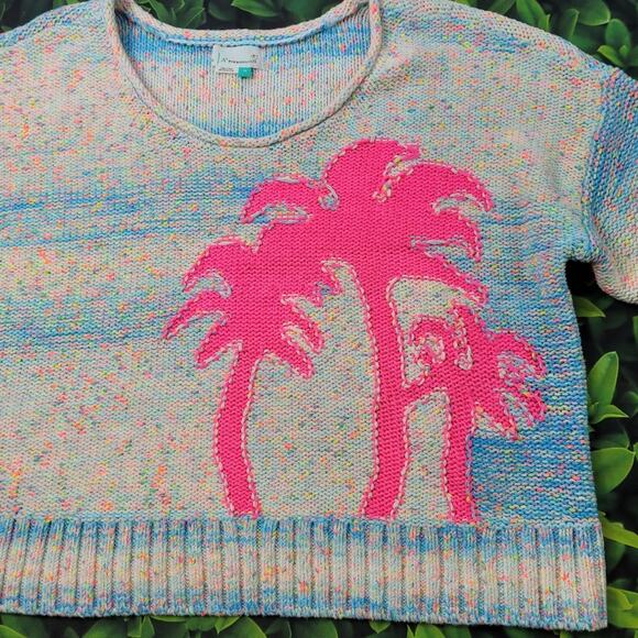 Anthropologie White Pastel Fleck Sweater with Hot Pink Palm Trees size 1X - Picture 9 of 12